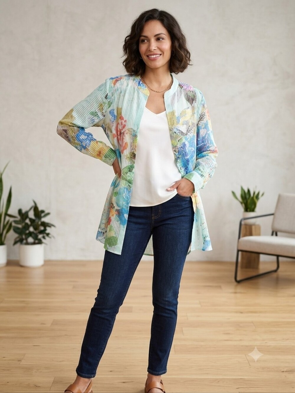 Cheryl Nash Lightweight Floral Watercolor Button Down Blouse, Size XL